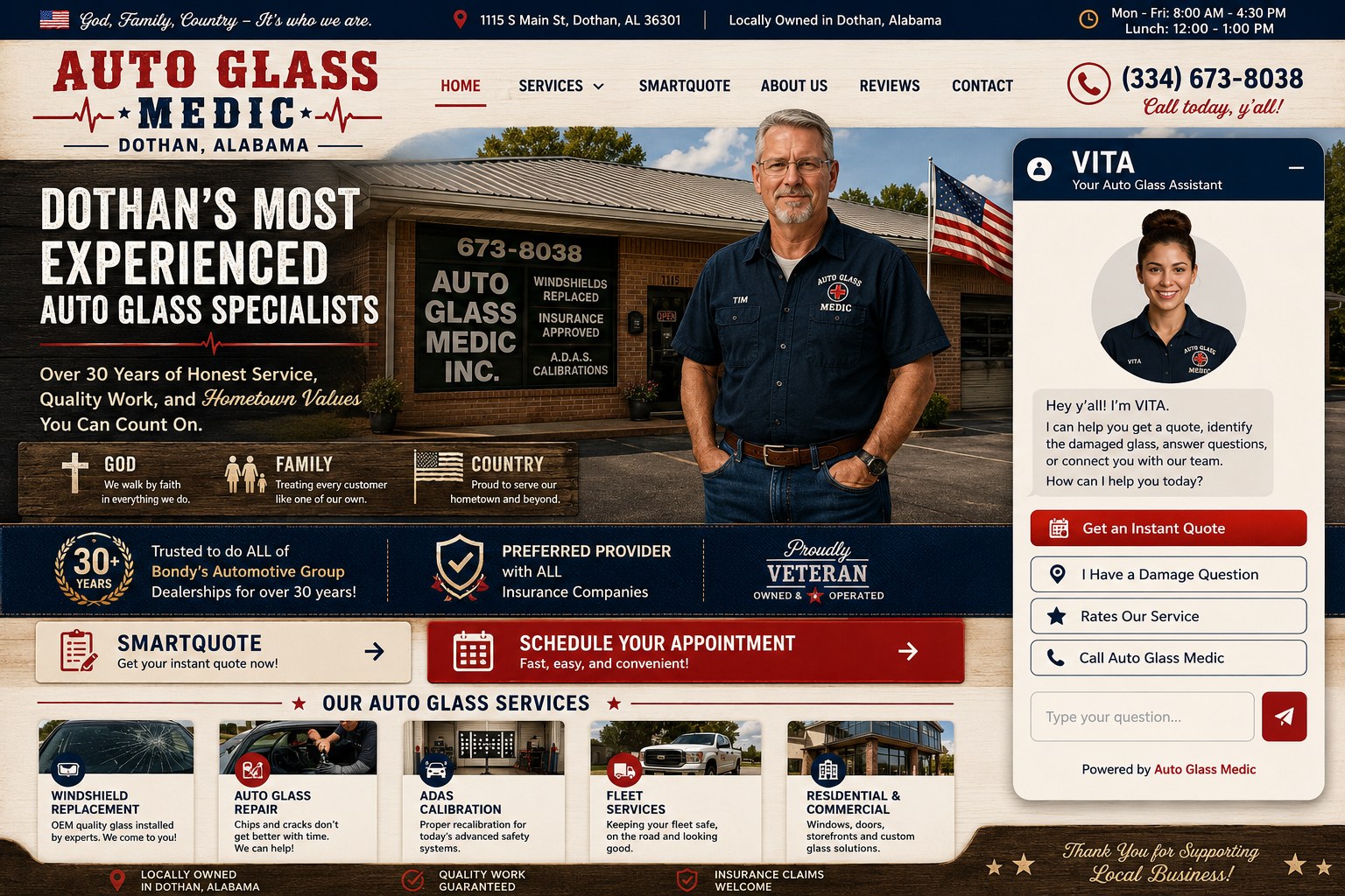 Auto Glass Medic homepage with Tim Bigham, shop, services and VITA